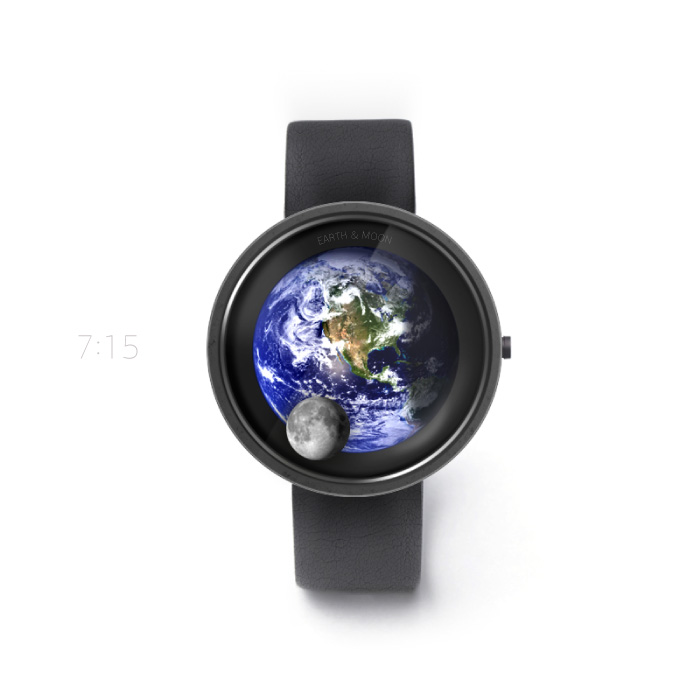 Satellite watch displays Earth & moon to tell time. | Tokyoflash Japan