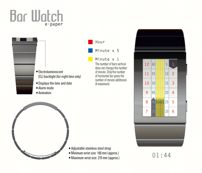 Bar Watch: Bold e-paper watch design | Tokyoflash Japan