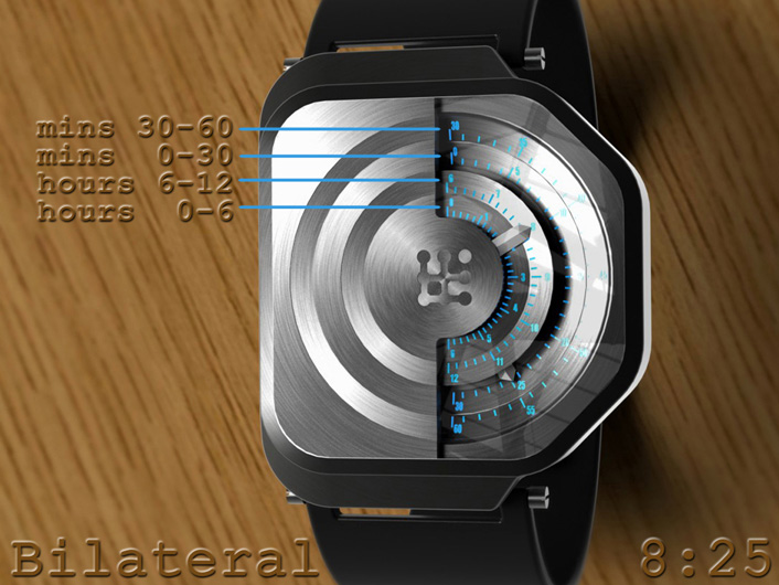 Bilateral shows time in four concentric half rings | Tokyoflash Japan